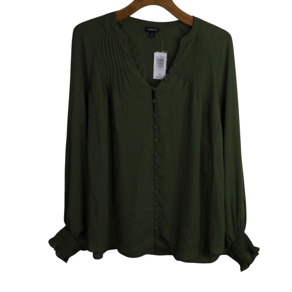 Torrid Womens Georgette Smocked Blouse Button Up Blouson Sleeve Olive Size 1X NW
